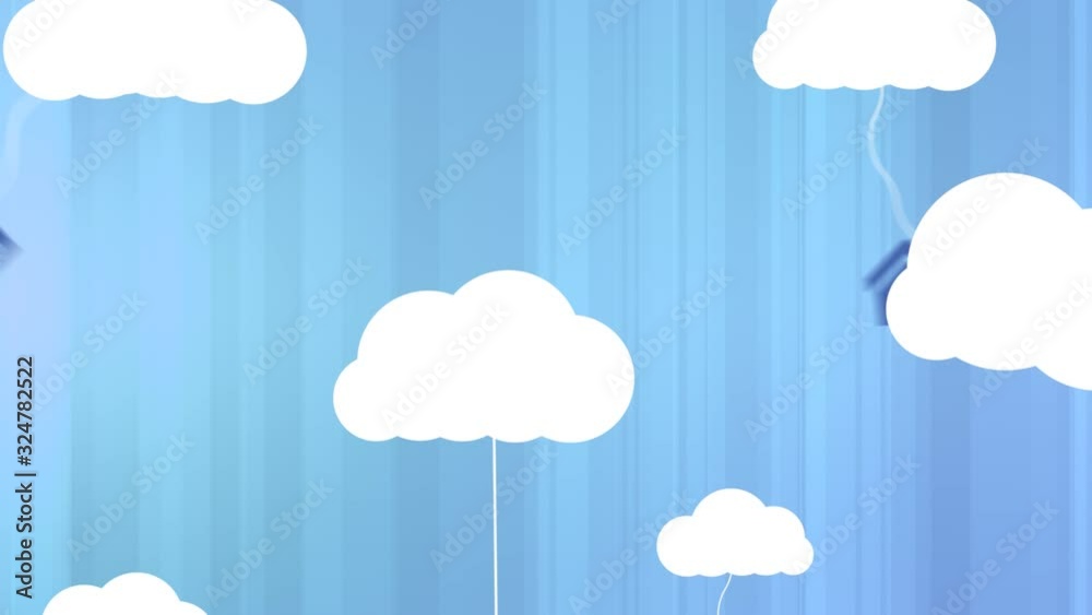 White cloud moving with networks icons on blue background White cloud moving with networks icons on blue background