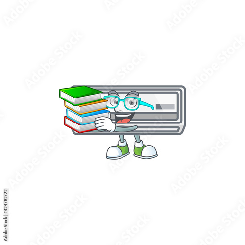 A brainy clever cartoon character of air conditioner studying with some books