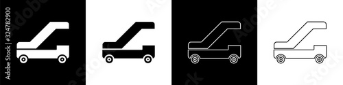 Set Passenger ladder for plane boarding icon isolated on black and white background. Airport stair travel. Vector Illustration