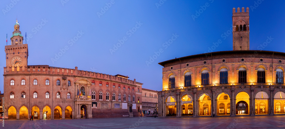 Bologna - Palazzo Comunale and Palazzo del Podesta on the Piazza Maggiore square at morning dusk.