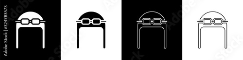 Set Aviator hat with goggles icon isolated on black and white background. Pilot hat. Vector Illustration