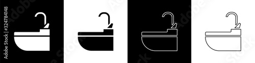 Set Washbasin with water tap icon isolated on black and white background. Vector Illustration