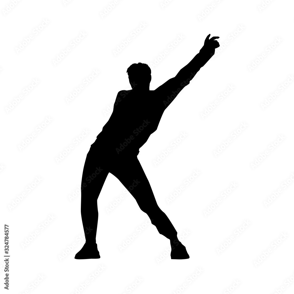 black silhouette of a dancing man on white background. A male street dance hip hop dancer. Vector isolated man for logo, sticker, logotype, icon, banner, poster. Illustration for dance studio