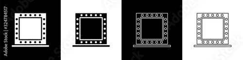 Set Makeup mirror with lights icon isolated on black and white background. Vector Illustration