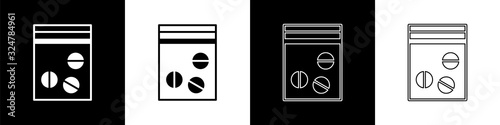 Set Plastic bag of drug icon isolated on black and white background. Health danger. Vector Illustration