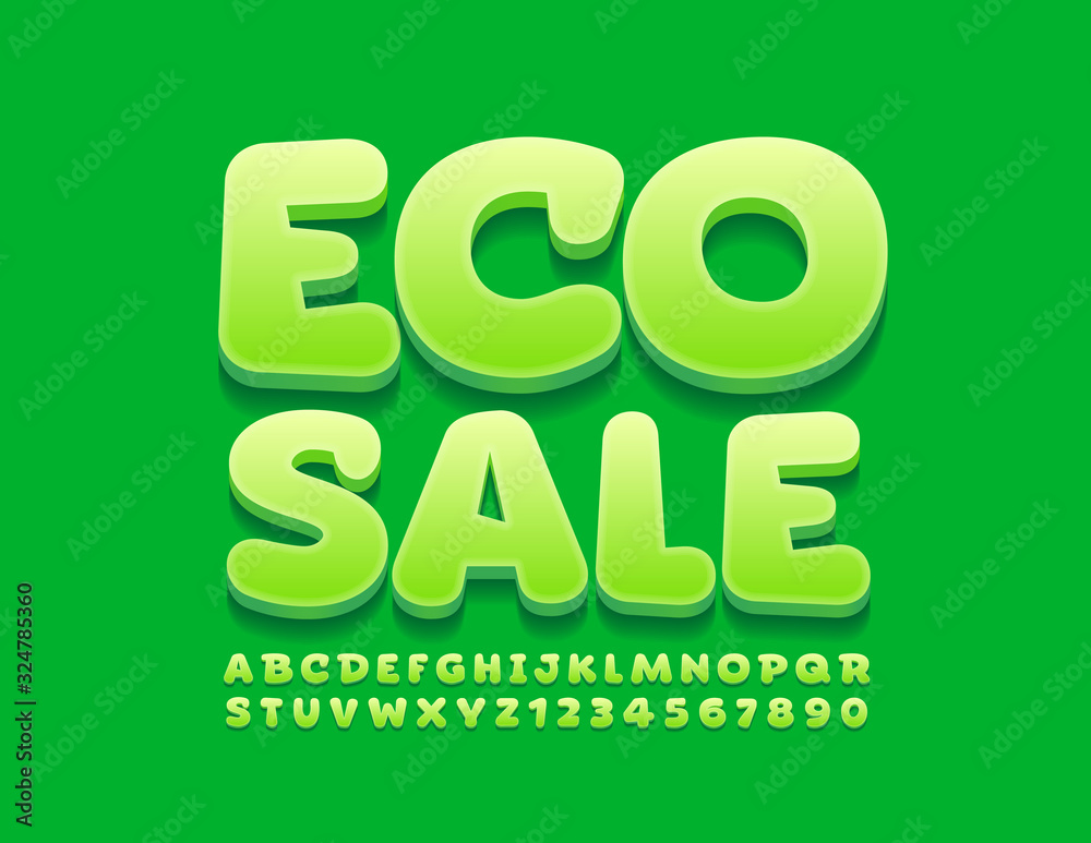 Vector fresh logo Eco Sale with Green 3D Font. Trendy Uppercase Alphabet Letters and Numbers. Vector fresh logo Eco Sale with Green 3D Font. Trendy Uppercase Alphabet Letters and Numbers.
