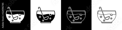 Set Mixed punch with fresh fruits in bowl icon isolated on black and white background. Vector Illustration