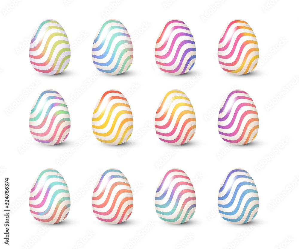 Easter eggs set, 3d realistic gradient with waves zigzag. Vector illustration. Easter eggs set, 3d realistic gradient with waves zigzag. Vector illustration.