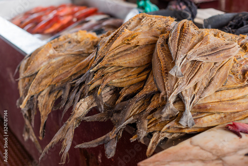 Salted fish at a market stall in Do Peixe in Mindelo, Cape Verde