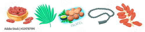 set of 5 sketch drawing oriental signs - dates, falafel and rosary
