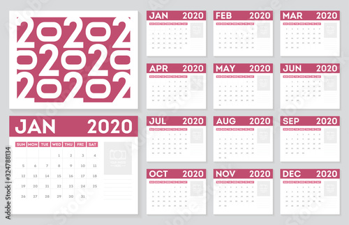 Calendar 2020 year. 12 months diary calendar in a minimalist style.