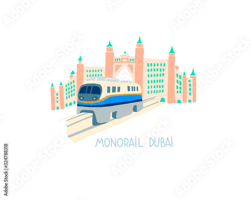 hand drawing flat style of monorail in Dubai, United Arab Emirates, Middle East