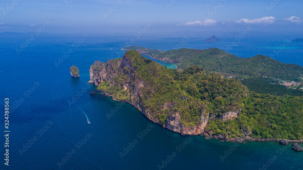 Aerial drone photo of bay and iconic tropical beach and resorts of Phi Phi island, Thailand