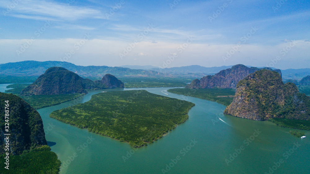 Aerial panorama view over Ko Panyi floating village in souther of Thailand. Ko Panyi is a fishing village in Phang Nga Province, Thailand.