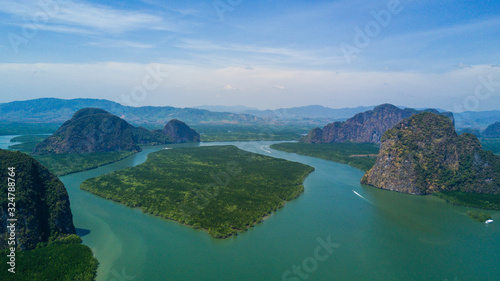 Aerial panorama view over Ko Panyi floating village in souther of Thailand. Ko Panyi is a fishing village in Phang Nga Province, Thailand.