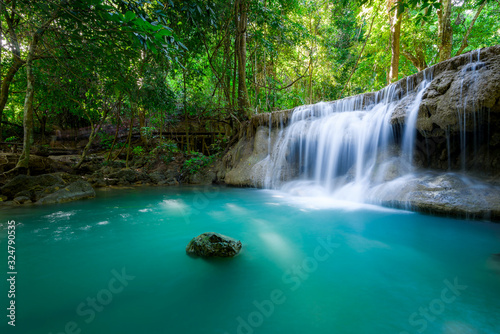 Waterfall in Tropical forest at Erawan waterfall National Park, Thailand