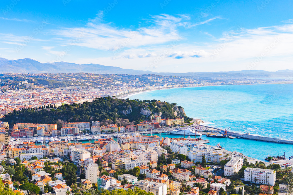 beautiful city view of Nice, France. Landscape of harbor, port in Nice. Cote d'Azur France. Luxury resort of French riviera