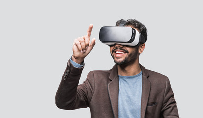 Young man using virtual reality headset, VR, future, gadgets, technology concept	