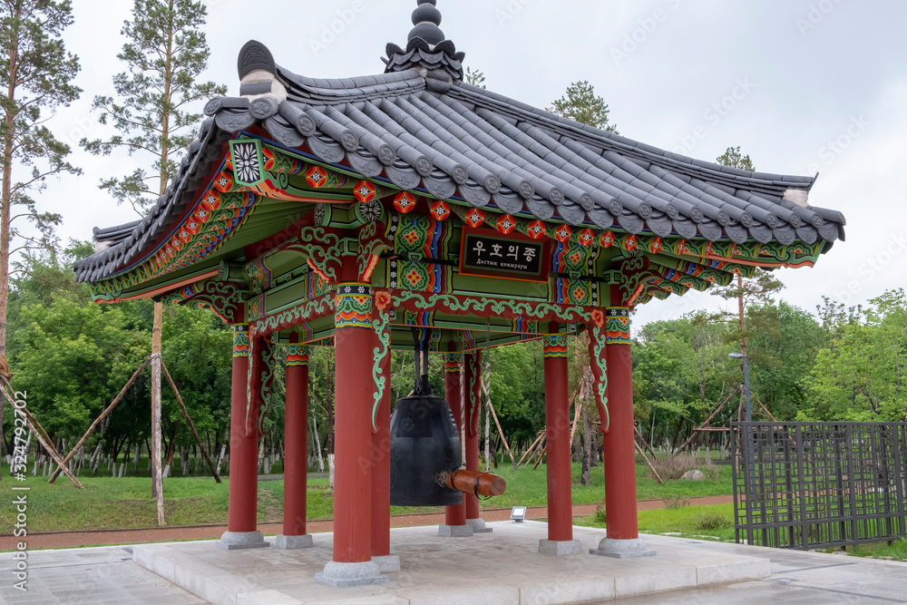 Astana, Kazakhstan. 28 JUNE 2018..Garden of friendship between Kazakhstan and Korea...The Korean bell of friendship pagoda. Astana, Kazakhstan. 28 JUNE 2018..Garden of friendship between Kazakhstan and Korea...The Korean bell of friendship pagoda.