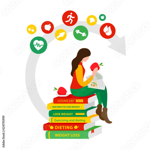 Woman reads books for weight loss and eats apples. Girl sitting on the diet.