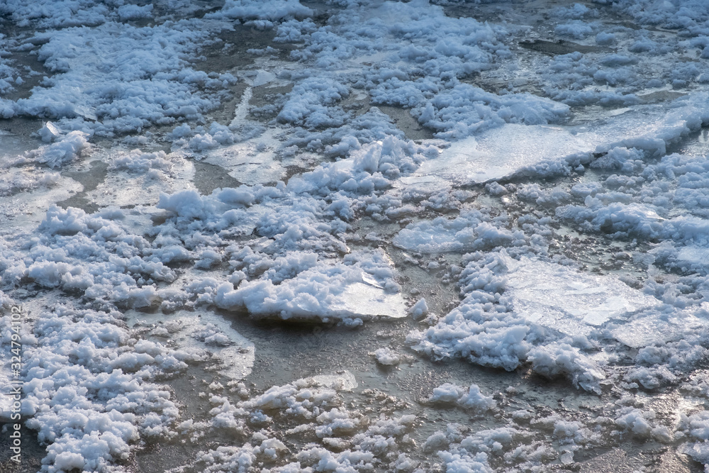 Abstract ice river. Cold snowy weather. Abstract frozen water. Ice river, great design for any purposes. Abstract frozen water. Ice texture winter background.