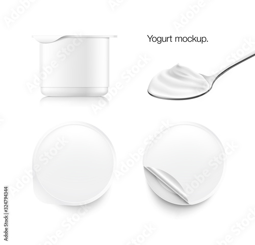 Metal spoon with creamy foam and yogurt packaging mockup. Vector illustration isolated on white background. Ready for use in your design. EPS10.