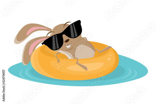 funny cartoon illustration of rabbit on a floating tire
