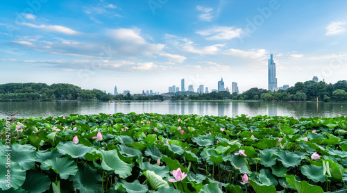 Xuanwu Lake in Nanjing and the skyline of urban architecture..