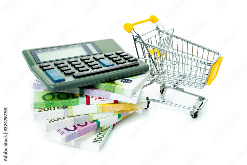Shopping cart with euro, calculator isolated on white