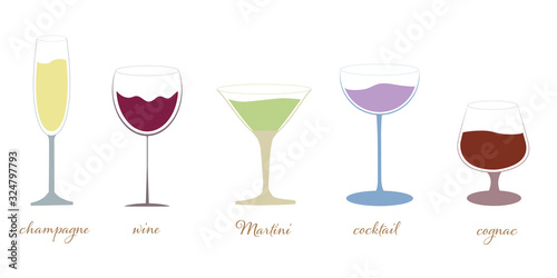 A set of glasses of different shapes and sizes for different drinks. Vector illustration.