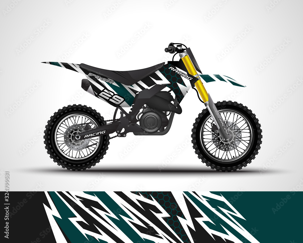 Obraz premium Racing motorcycle wrap decal and vinyl sticker design. Concept graphic abstract background for wrapping vehicles, motorsports, Sportbikes, motocross, supermoto and livery. Vector illustration.