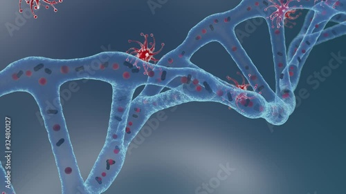3D animation of a DNA molecule with a transparent texture. Inside the molecule, the movement of particles. Red bacteria and viruses move around the DNA. Animation for medical screensavers, advertising