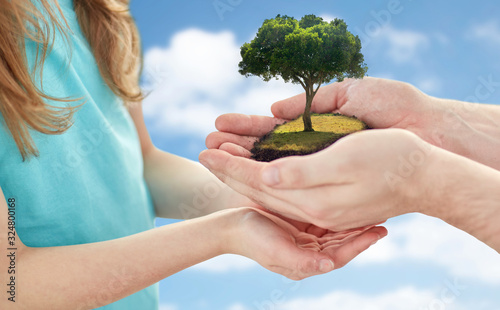 Slika na platnu ecology, family and environment concept - close up of father's and girl's hands