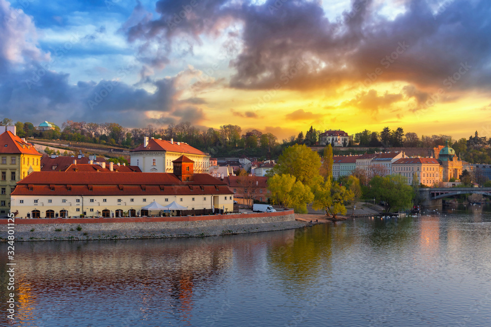 View from the Charles bridge in Prague at sunrise, Czech Republic