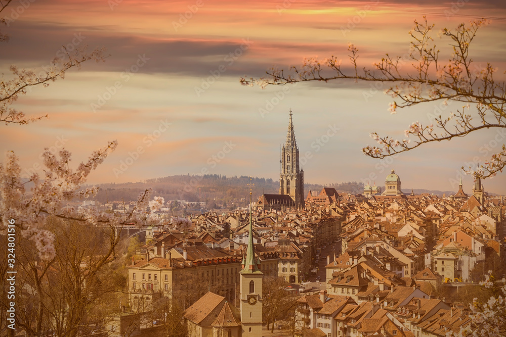 Beautiful of cherry blossom in spring season and sunset sky scene in  Bern, capital city of Switzerland