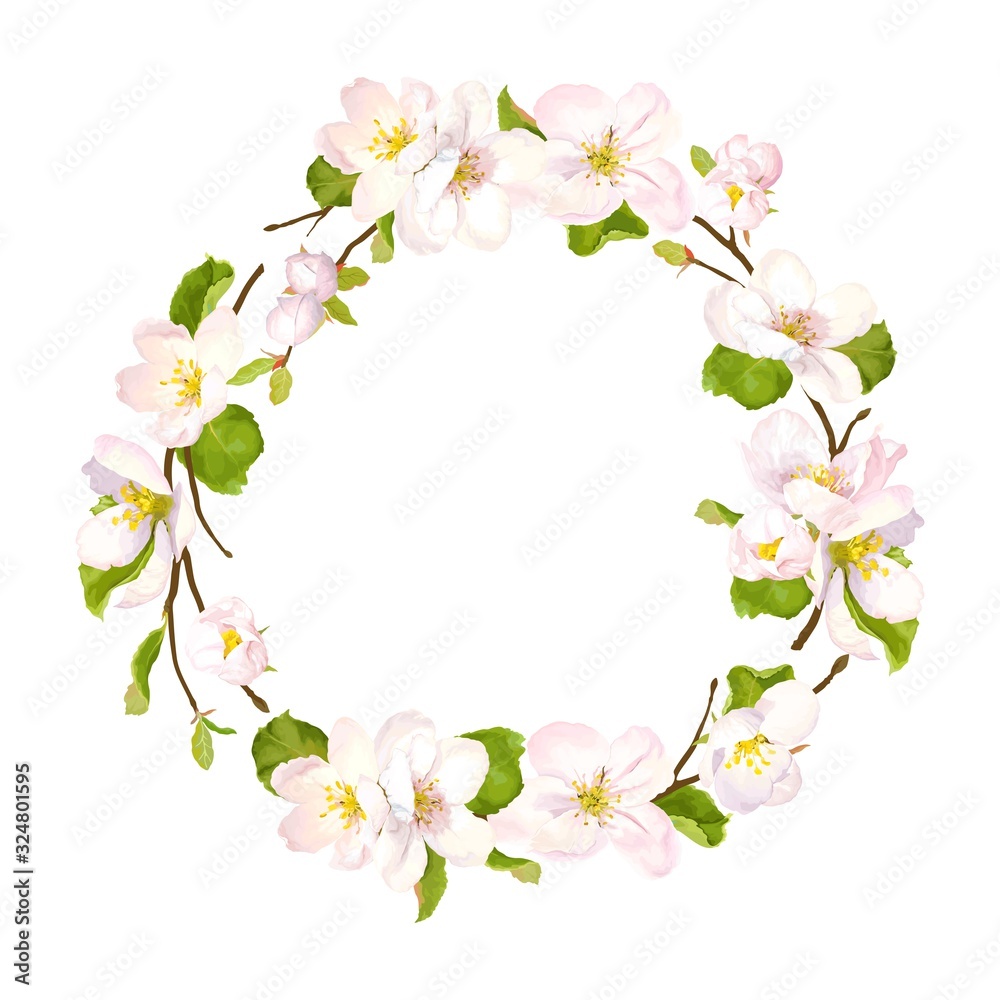 Blooming circle frame of flowering branches apple or pear with flowers and green leaves. Spring wreath, vector background for your design holiday.