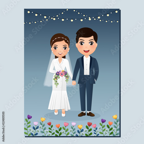 Wedding invitation card the bride and groom cute couple cartoon character.Colorful vector illustration for event celebration 