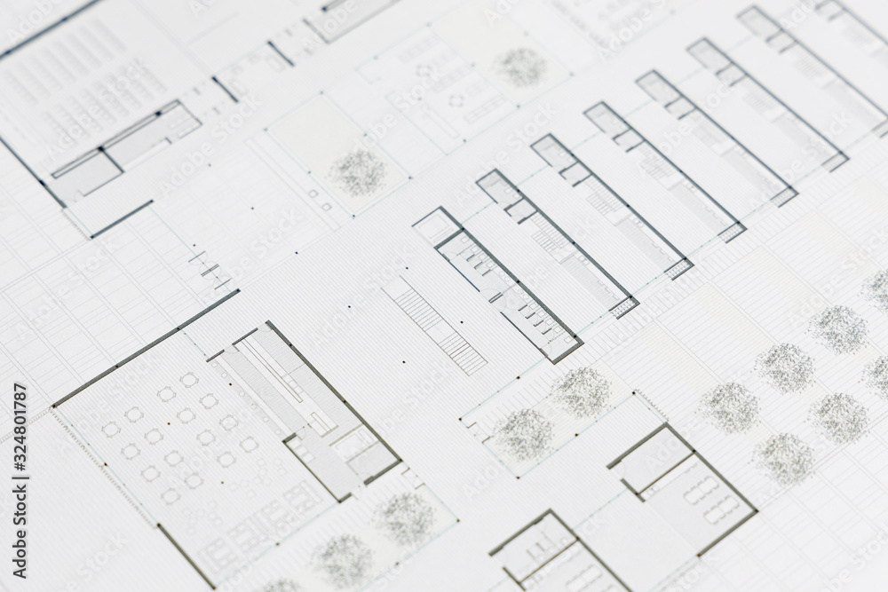 Close up of an architectural plan of a public building. Modern architecture Close up of an architectural plan of a public building. Modern architecture