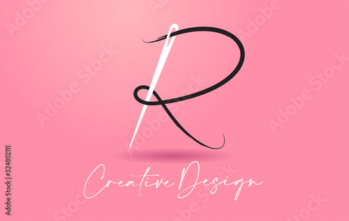 R Letter Logo with Needle and Thread Creative Design Concept Vector