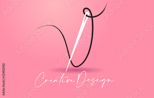V Letter Logo with Needle and Thread Creative Design Concept Vector