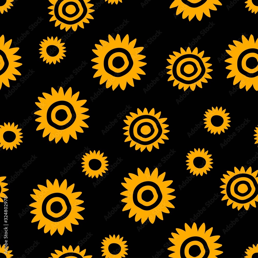 Sunflower pattern on black background. Seamless floral design. Black yellow aesthetic. Great for fabric, scrapbooking and textile. Sunflower pattern on black background. Seamless floral design. Black yellow aesthetic. Great for fabric, scrapbooking and textile.