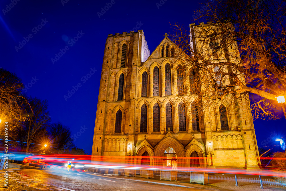 cathedral of Ripon at night with light trail cathedral of Ripon at night with light trail