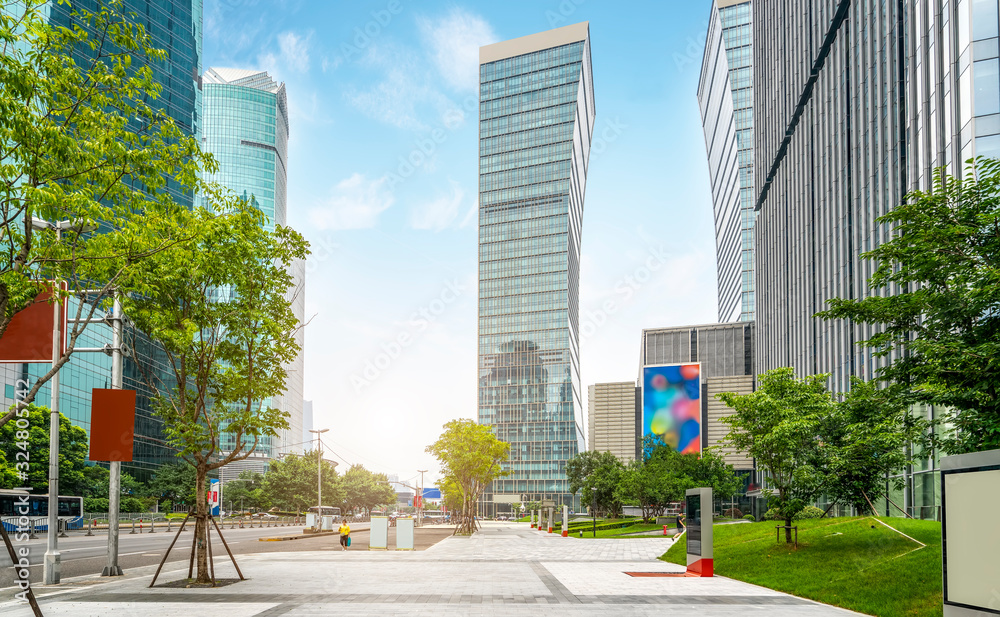 Building street and office building of Lujiazui Financial District, Shanghai..