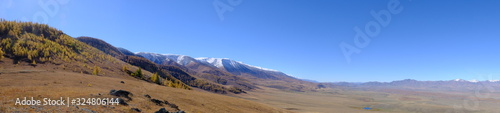 Panoramic view of valley in the mountains in autumn with clear blue sky. Nature of East Kazakhstan.