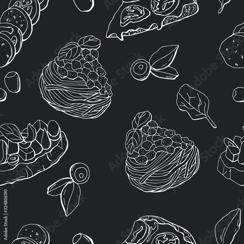 Seamless pattern of italian cuisine. Pizza, carbonara, bruschetta, caprese, ravioli. Line art illustration. Stock illustration. Design for textiles, packaging, fabrics, menus, restaurants, cafes.