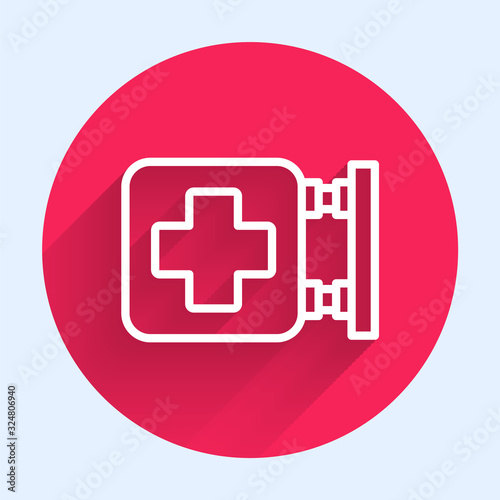 White line Hospital signboard icon isolated with long shadow. Red circle button. Vector Illustration