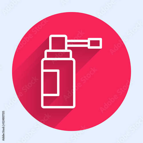 White line Medical bottle with nozzle spray for the treatment of diseases of the nose and throat icon isolated with long shadow. Red circle button. Vector Illustration