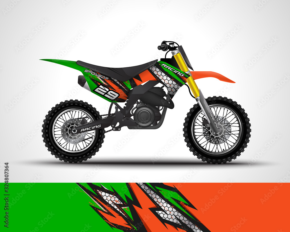 Obraz premium Racing motorcycle wrap decal and vinyl sticker design. Concept graphic abstract background for wrapping vehicles, motorsports, Sportbikes, motocross, supermoto and livery. Vector illustration.