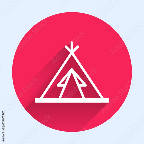 White line Traditional indian teepee or wigwam icon isolated with long shadow. Indian tent. Red circle button. Vector Illustration
