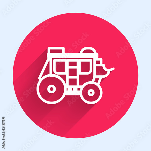 White line Western stagecoach icon isolated with long shadow. Red circle button. Vector Illustration